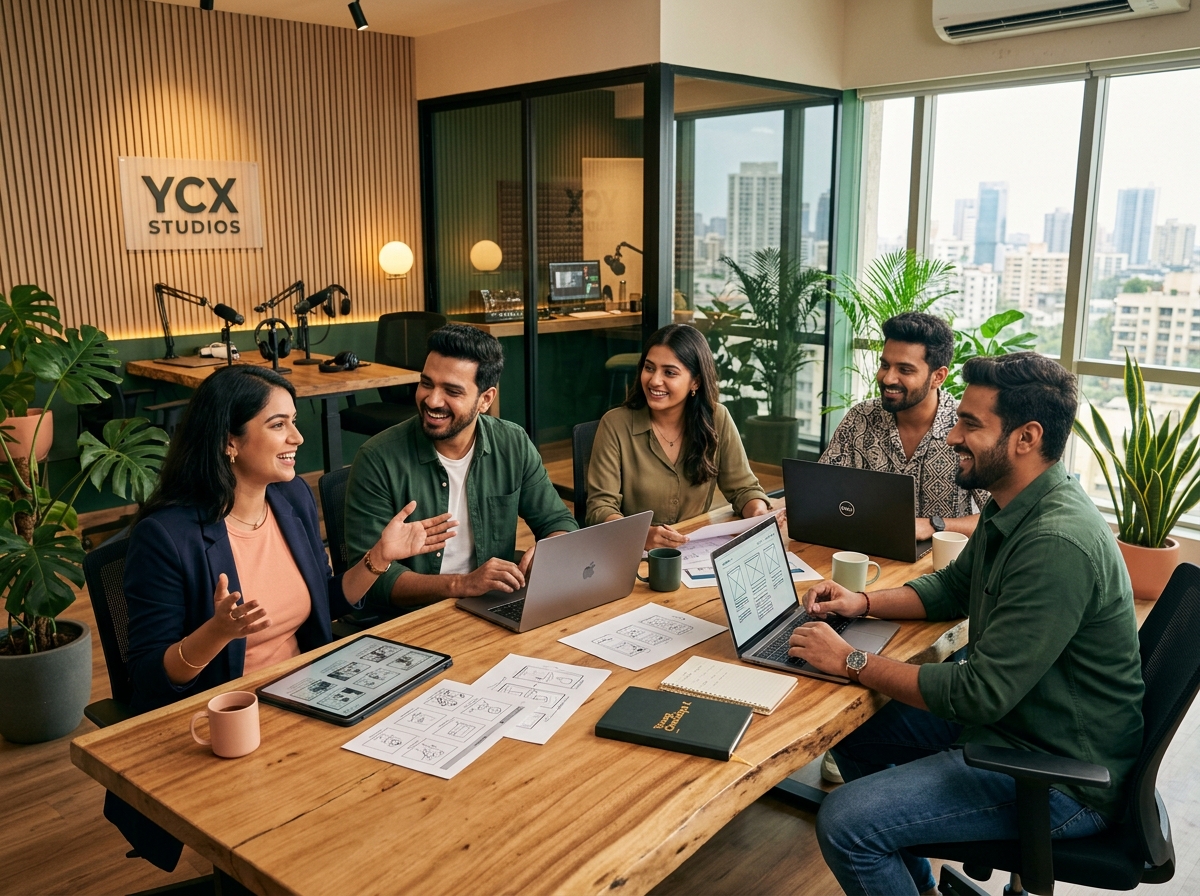 Team collaborating at Young Chanakya X creative media studio